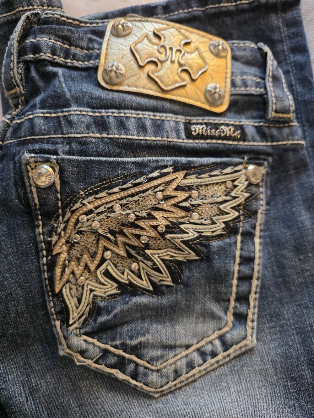 VINTAGE Miss Me Blue Denim Jeans with Metallic Wing Embroidery